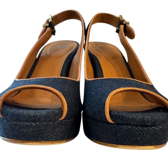 UGG Slingback Pumps Heels Peep Toe Shoe Blue Denim Brown Leather Womens Size 6.5 - Picture 2 of 12